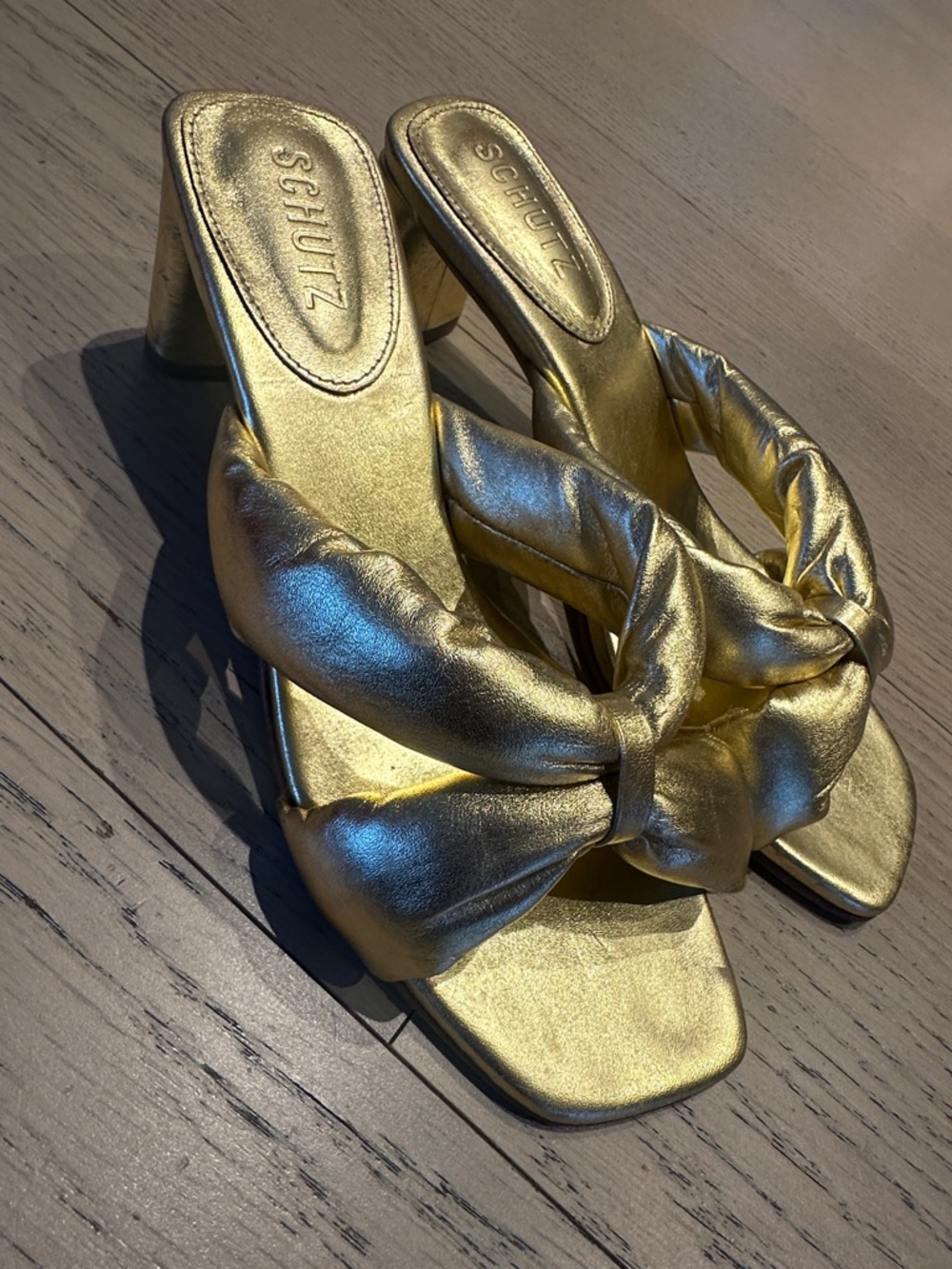 SCHUTZ Metallic Gold Knotted Block Heel Mules
